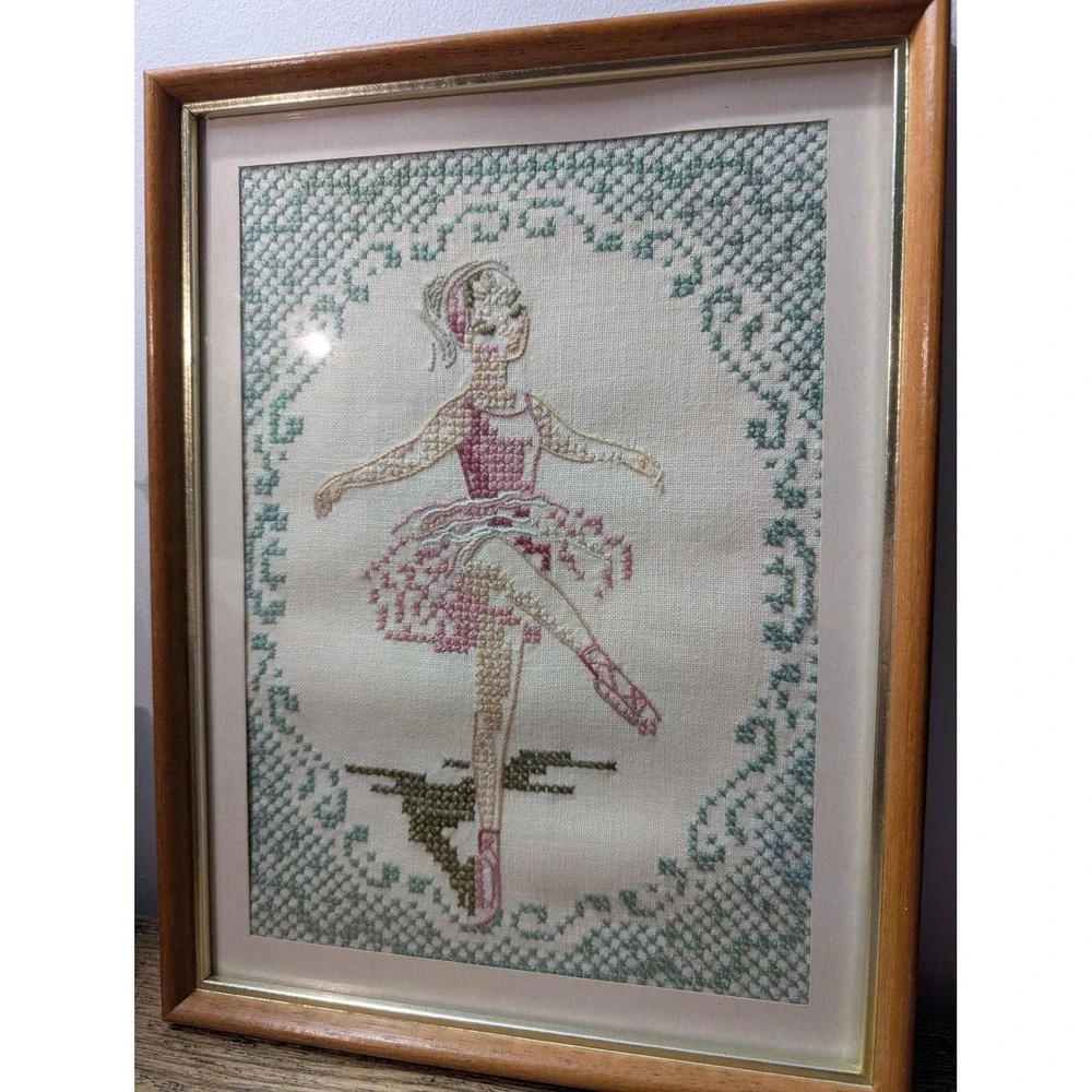 1968‎ Vintage toe point ballerina hand-stitched on linen in frame